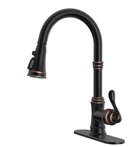 BWE Küchenarmatur mit herausziehbarem Sprüher, 3 Sprühmodi, ölgeriebener Bronze, Einzelgriff, hoher Bogen, Küchenspüle, Wasserhahn mit Deckplatte, ble