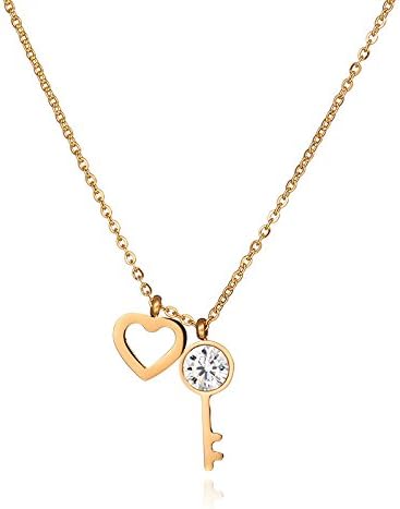 Pendant Necklace - 14k Gold Plated Pendant Heart Lock and Key Charm Necklace with Clear Crystal 42cm chain + 5.5cm extender for Women & Girls