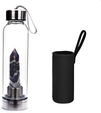 Everydlife Crystal Water Bottle, Water Bottles with Natural Rose Smokey Quartz Black Obsidian Amethyst Fluorite Crystal Wand