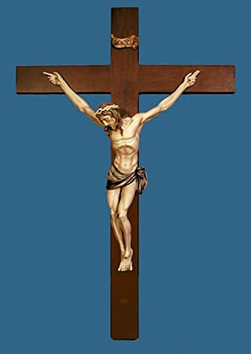 Gorgeously detailed large Crucifix by Ado Santini with a hand-painted corpus and a wood cross with a reinforced hook, 46inches. 31.5" wide. Made in Italy.