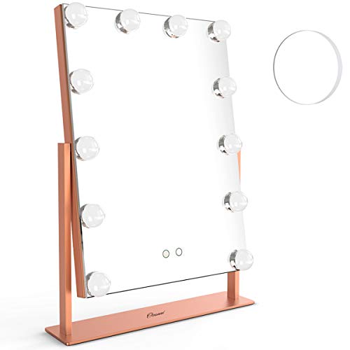 Ovonni Lighted Vanity Hollywood Makeup Mirror, Dimmable 360°Rotating Double-sided Tabletop Cosmetic Mirror with 12 LED Bulbs, Two Color Light Touch Control Memory Mode and Plug Powered, Rose gold
