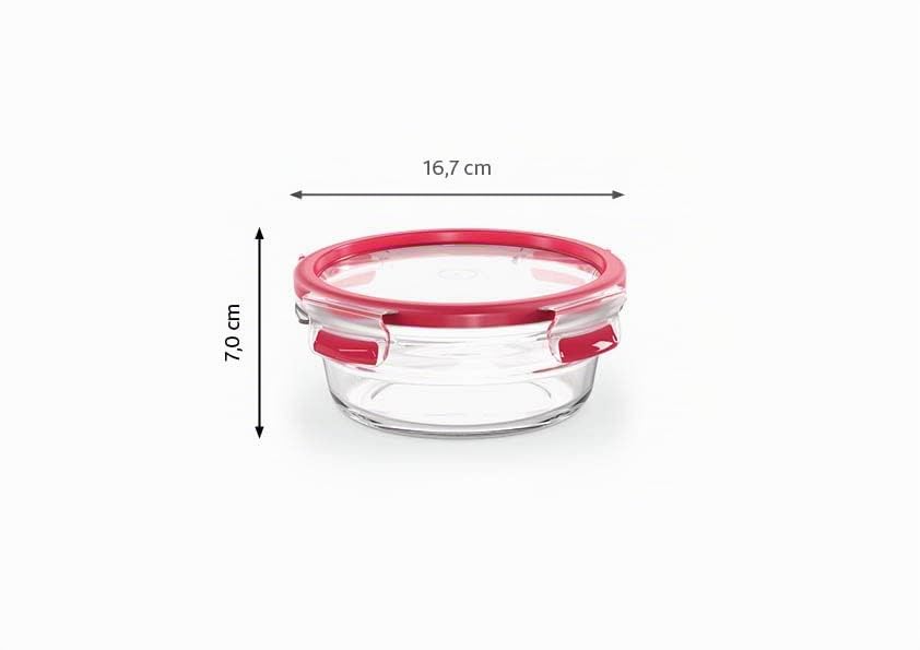 EMSA Clip & Close Glas Frischhaltedosen-Set, rund, 0,6 L, 16,7 x 16,7 x 7 cm, 100 Prozent dicht, Glasbehälter spülmaschinen-, gefrier-, backofen-, mikrowellenfest, Rot, Transparent, N10403 3