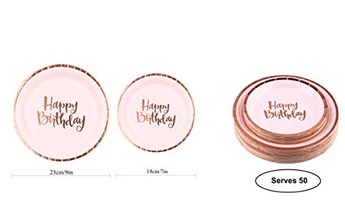 Ottin Pink Happy Birthday Party Packs for 50 Guests, Rose Gold Foil Paper Plates and Napkins Set, Perfect for Birthday, Anniversary, Party Supplies (Happy Birthday Paper Dinnerware, 50 Guests)