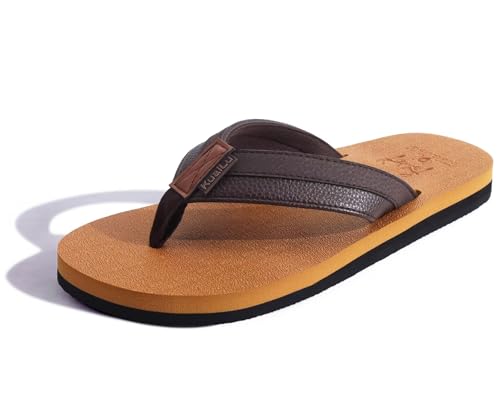 Coface Men's Summer Yoga Mat Flip Flops Beach Sandals Summer Leather Casual Slippers with Arch Support