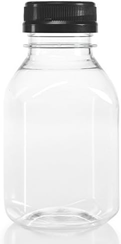 (100) 8 oz. Clear Food Grade Plastic Juice Bottles with Black Tamper Evident Caps (100/pack)