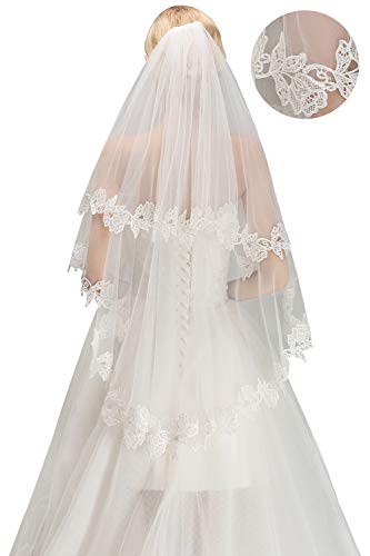 Women's Short 2 Tier Tulle Sheer Lace Wedding Bridal Veil with Comb(Ivory)