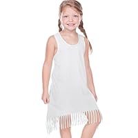 Kavio! Girls 3-6X Sheer Jersey Raw Edge Fringe Asymmetrical Tank Dress White 6X