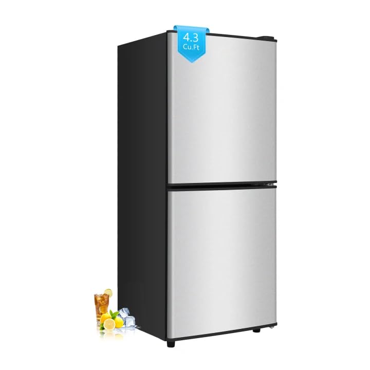 Photo 1 of ***DAMAGED - SEE NOTES/PICTURES***Borcolo 4.3 Cu. Ft. Compact Fridge with Freezer, Double Door Small Refrigerator with Adjustable 7-Level Thermostat, Mini Refrigerator for Kitchen, College, Apartment, Office, Silver