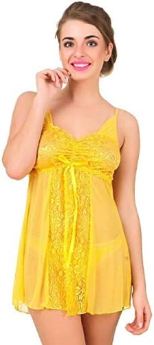 Glorious Choice Mesh and Lace Net Babydoll Nightwear Lingerie (Yellow, Free Size)