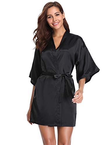 Vlazom Kimono Robe Damen Morgenmantel Kurzer Satin Bademantel Mit Gürtel V-Ausschnitt Kimono – Bild 3