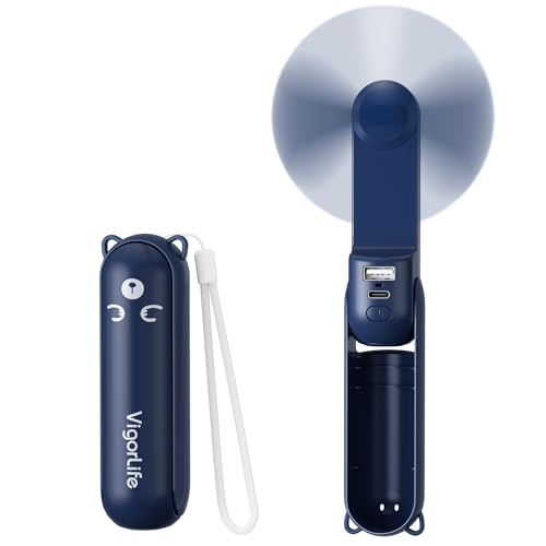 VigorLife Mini Handheld Fan,USB Rechargeable 3 IN 1 Personal Cooler Fans with Power Bank,LED Flashlight,Small Foldable Portable Pocket Fan-Travel & Emergency Essentials for Outdoor Navy Blue