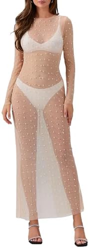 amazon sheer pearl dress Ypser Pearl Mesh Rhinestone Cover Up See Through Mesh Maxi Dress Summer  Beach Sheer Dress at Amazon Women's Clothing store