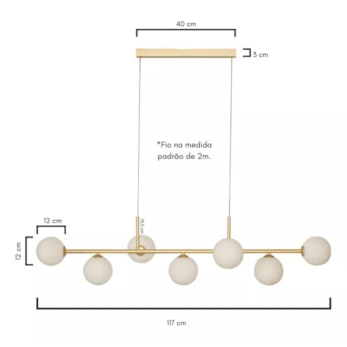 Lustre Pendente Linear 7 Globos de Vidro aluminio soquete para lampadas G9 Dourada Moderno