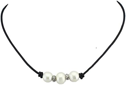 Freshwater Cultured Pearl Necklace Retro Classical Pearl Beads Necklace with Leather Cord 18" Black