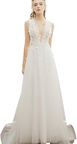 CutieTell Women's Double V-neck Tulle Appliques Long Evening Cocktail Gowns Ivory US8
