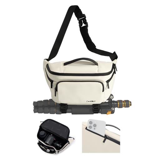 Waterproof Camera Waist Bag - Portable Fanny Pack, Compact Camera Case with Tripod Holder, Daily Crossbody Bag for Canon Nikon Sony DSLR/SLR/Mirrorless Camera, Can accommodate 1 Camera 2 Lens, White