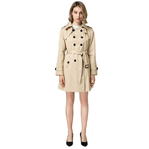 Blostirno Women's Notched Lapel Long Jacket Double Breasted Mid Length Trench Coat with Belt (Khaki US Size-16 / Asian Size 5XL)