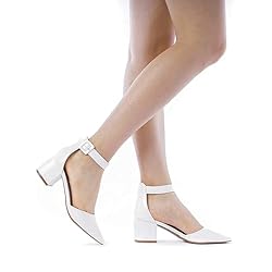 DREAM PAIRS Womens Low Heel Pump Shoes, White/Pu