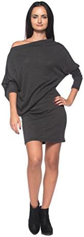 Women's Charcoal Gray Asymmetric Off The Shoulder Dolman Boat Neck Sweater Dress (Medium)