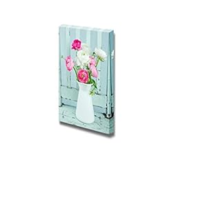 Canvas Prints Wall Art - White and Pink Ranunculus Flowers on Light Blue Vintage Chair - 18" x 12"