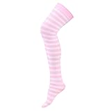 HDE Women's Plus Size Striped Stockings Thigh High Over the Knee OTK Sheer Nylons (Pink White Stripes)