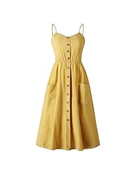 Vestido con botones para mujer - Vestido a media pierna sin mangas con correa de espagueti y bolsillos de verano con bolsillos