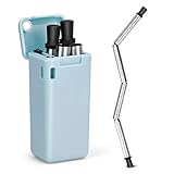 Collapsible Straw Reusable Stainless Steel, Folding Drinking Straws Keychain Foldable Final Premium Food-grade Portable Set with Hard Case Holder Cleaning Brush for Travel, Household, Outdoor-Blue