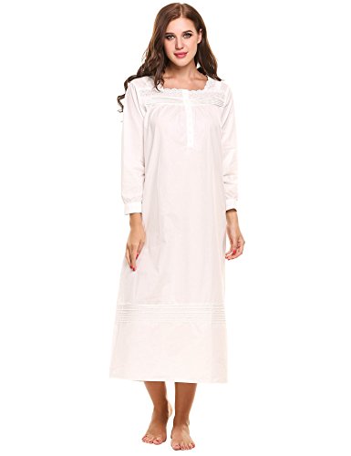 Hotouch Long Sleeve Nightgown/Sleep Dress for Women/Sleepwear White M