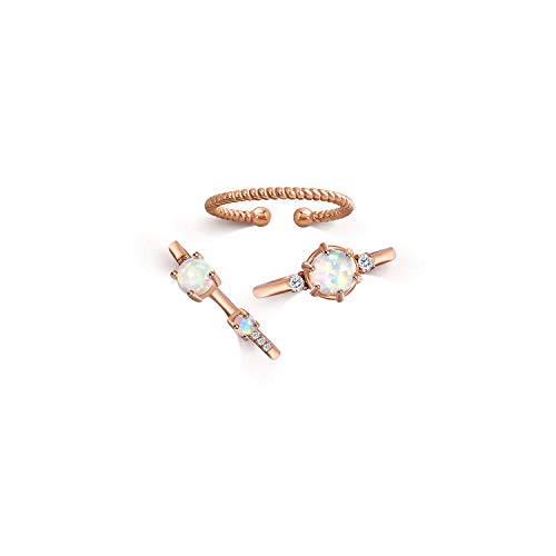 QUINBY Adjustable Stacking Knuckle Rose Gold Plated Opal Cubic Zirconia Finger Rings Bands 3pcs Set