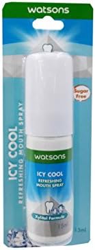 2 packs of Watsons Icy Cool Refreshing Mouth Spray. Xylitol Formula, Sugar free. Specially formulated to overcome bad breath from smoking, drinking, and eating spicy foods. (15ml./ pack)