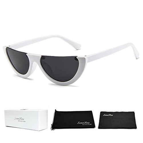 SamuRita Bold Half Lens Frame Cat Eye Sunglasses Mod Tinted Retro Shades(Black+White Frame)