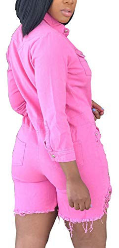 Women's Casual Button Shirt Tops Short Pants Jumpsuit Jeans Sexy V Neck Fasten Short Sleeve Button Down Jacket Loose Comfy Rompers Stand Collar Riders Outfits with Pockets Slim Fit