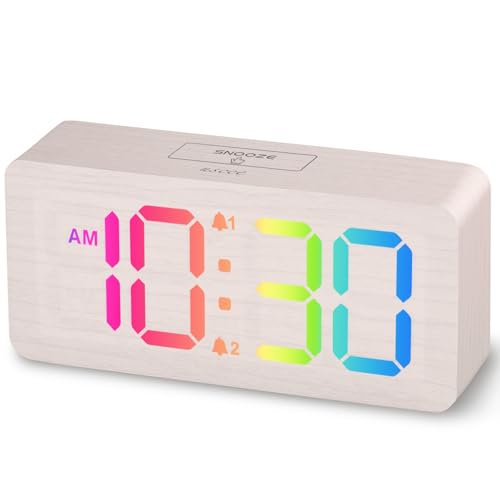 uscce Wooden Digital Alarm Clocks for Bedrooms: Dimmable RGB Alarm Clock with Large Numbers for Kids Desk - White
