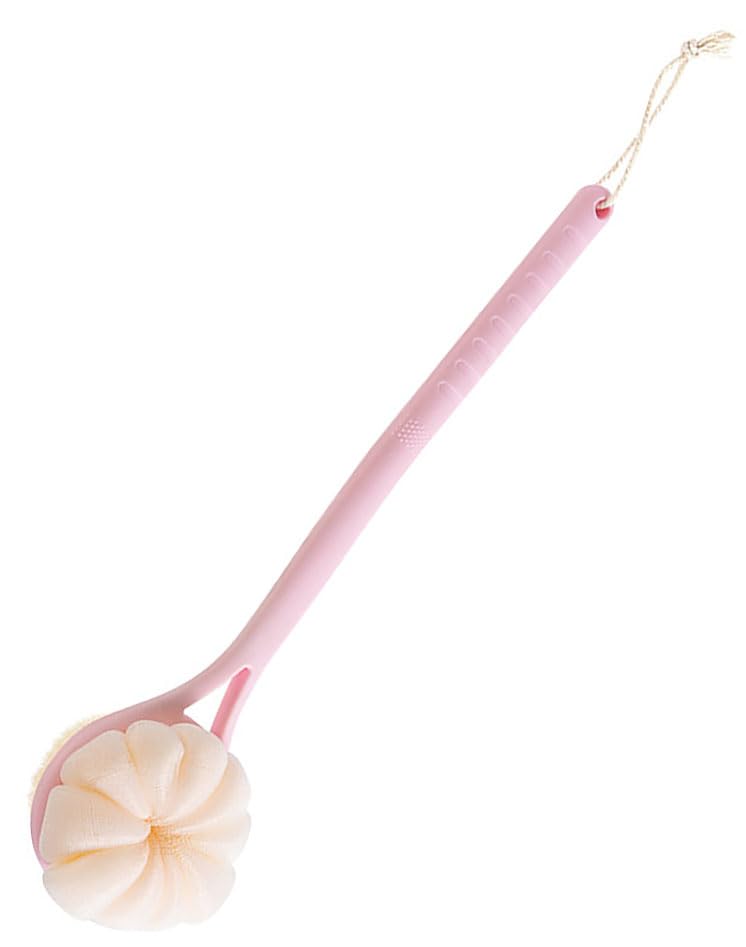 Back Scrubber Brush, Shower Brush for Exfoliating Skin and A Soft Scrub, Long Handle Bath Brush with Bath Mesh Sponge and Soft Bristles, Cleans The Body Easily (Pink)