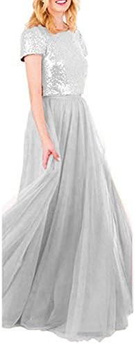 CIRCLEWLD Short/Long Two Piece Bridesmaid Dresses with Sleeves Sequins Top Tulle Skirt Plus Size Prom Gown B76