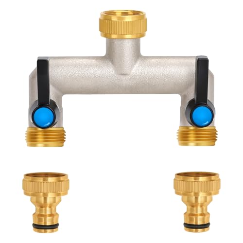 OPERMAXER 2-Way Tap Water Distributor, Extended Handle, 3/4 Inch Brass Water Connection Distributor with Individual Shut-off Valves, 2 Distributors 3/4 Inch Adapter 1/2 Inch for Appliances/Garden Hoses