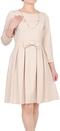 Amazon アッドルージュ Addrougeストレッチポンチ生地リボン付き七分袖フレアワンピース レディース ワンピース ドレス 七分袖 通勤 オフィス J7035 15号 Abr ベージュ パーティードレス 通販
