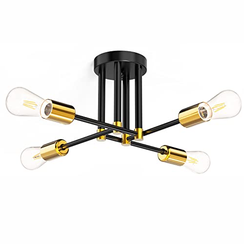 Kuwork Semi Flush Mount Ceiling Light Fixture, Black & Gold Industrial 4 Lights Sputnik Chandelier with E26 Base, Mid Century Lamps for Kitchen Bedroom Living Room Dining Room Hallway Entryway
