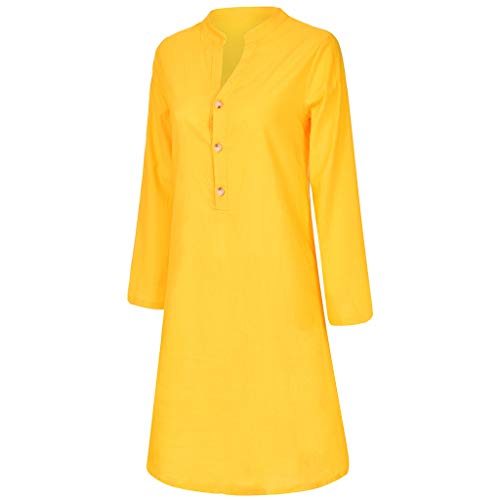 Winsummer Plus Size V Neck Button Down Tunic Dress Long Sleeve Loose Swing Casual Short T-Shirt Dresses Blouse Yellow - Thumbnail 2