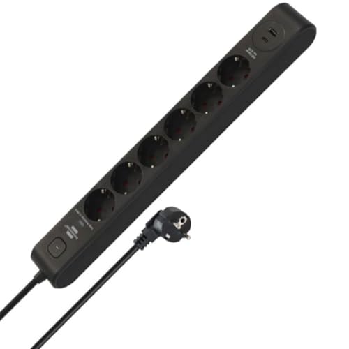 Brennenstuhl 6-Outlet Power Strip with USB and Surge Protection (Power Strip with 1x USB C PD 20W for Fast Charging and 1x USB A 20W, Switch, 2m Cord) Black