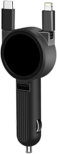 Car Charger, Amabin 4 in 1 Retractable Quick Charge Type-C / Lightning / Micro USB Cable Car Charger for Apple Android Devices (Black)
