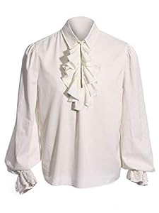 Pxmoda Men's Halloween Costumes Ruffled Gothic Steampunk Victorian Pirate Cosplay Shirts (L,White)