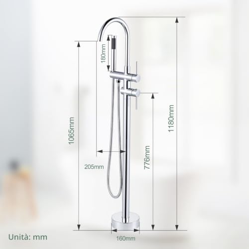 ARCORA Floor Bathtub Tap, Freestanding Bathtub Mixer, Pillar Bathtub Tap with Hand Shower, 360° Swivel, Copper and Stainless Steel, Ceramic Cartridge, Chrome