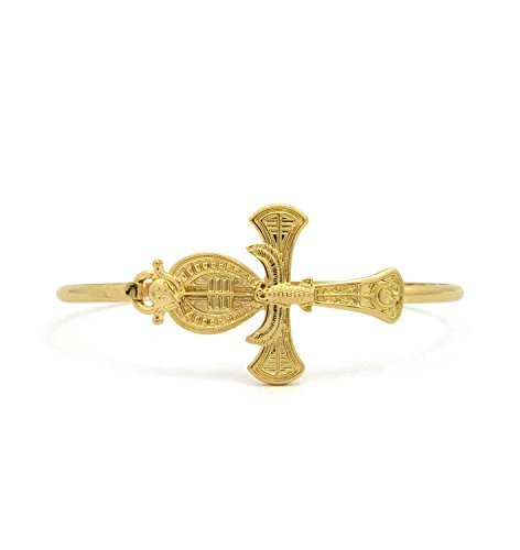 Egyptian Horus Bird, Ankh, Ma'at, Eye of Heru Piece 3mm Wire Bangle Cuff Bracelet in Gold Tone
