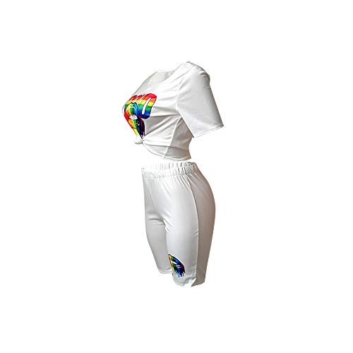 Womens Print Two Piece Sweatsuit Crew Neck Short Sleeve Crop Top and Skinny Short Pants Sets