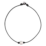 Single Pearl Choker Necklace on Genuine Black Leather Cord for Women Handmade Choker Jewelry Birthday Gift for Young Girls (15