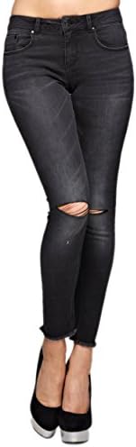 MADRACK213 Women's Distressed Destroyed Ripped Slashed Slit Knee Skinny Jeans with frayed hem (11, Black)