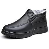 LETCLOCOM Men's Leather Warm Fur Lined Slip On Snow Boots Winter Hand Stitching Low Top Anti-Slip Outdoor Water Resistant Sneakers Boots Lightweight Casual Walking Loafers Shoes