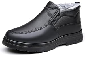 LETCLOCOM Men's Leather Warm Fur Lined Slip On Snow Boots Winter Hand Stitching Low Top Anti-Slip Outdoor Water Resistant Sneakers Boots Lightweight Casual Walking Loafers Shoes