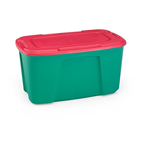 Homz Holiday Plastic Storage Tote Box, 49 Gallon, Green With Red Lid
